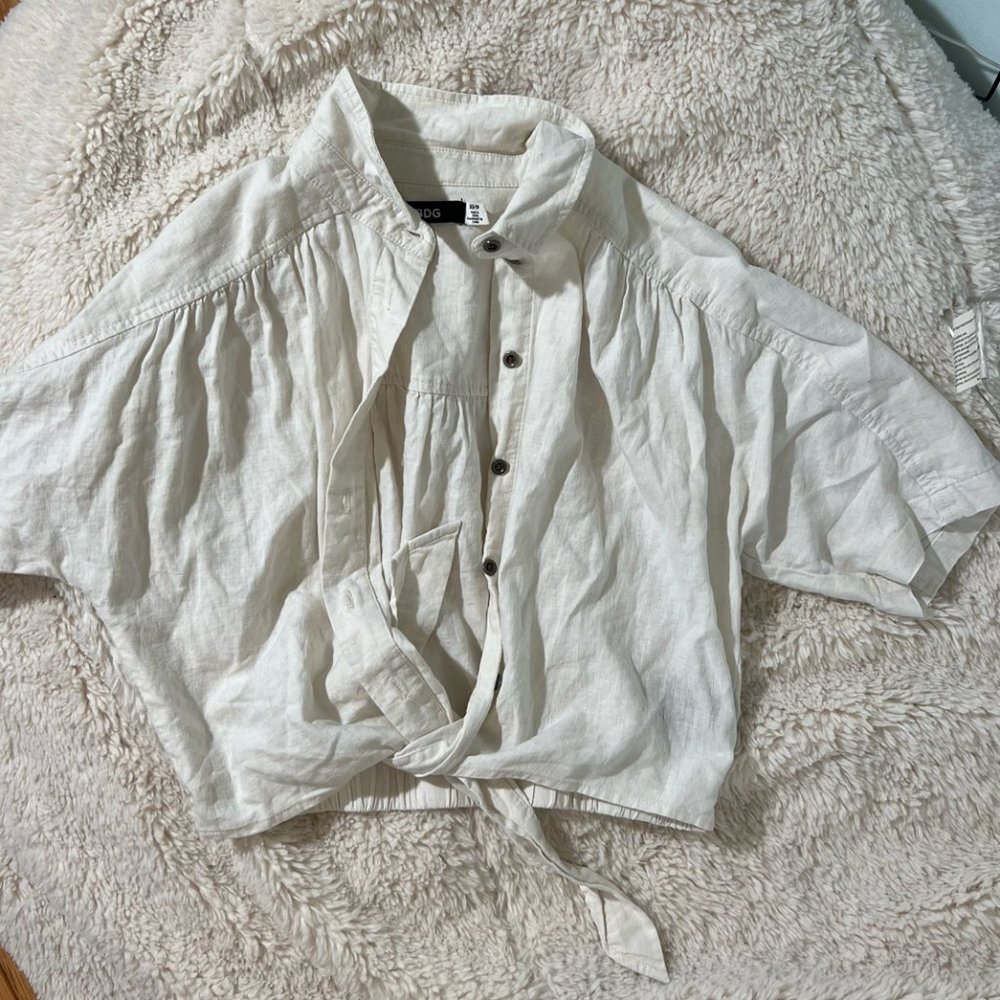 BDG Cropped Linen Tie-Front Button Up- XS